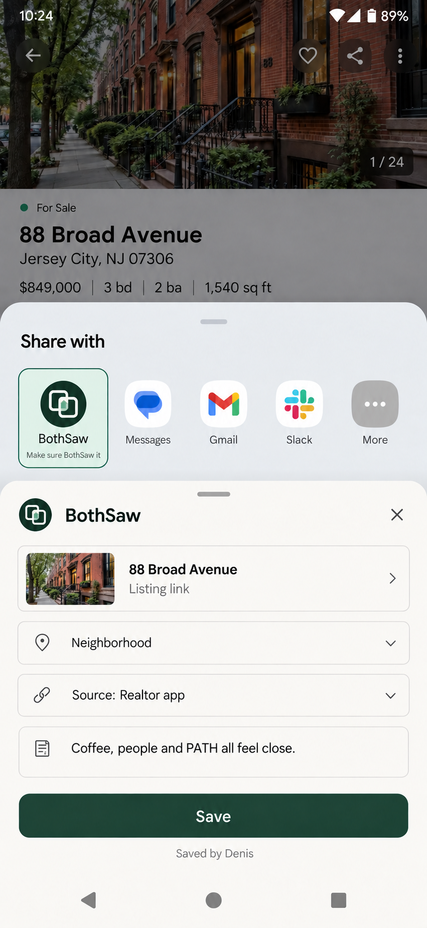 BothSaw Android share extension saving a listing