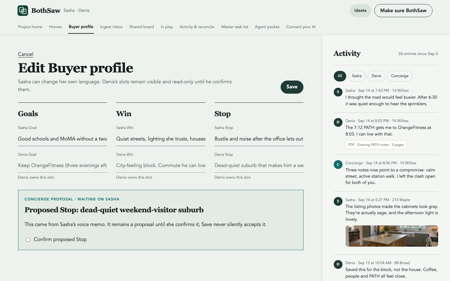 BothSaw Buyer Profile editor with partner-owned fields and proposal consent