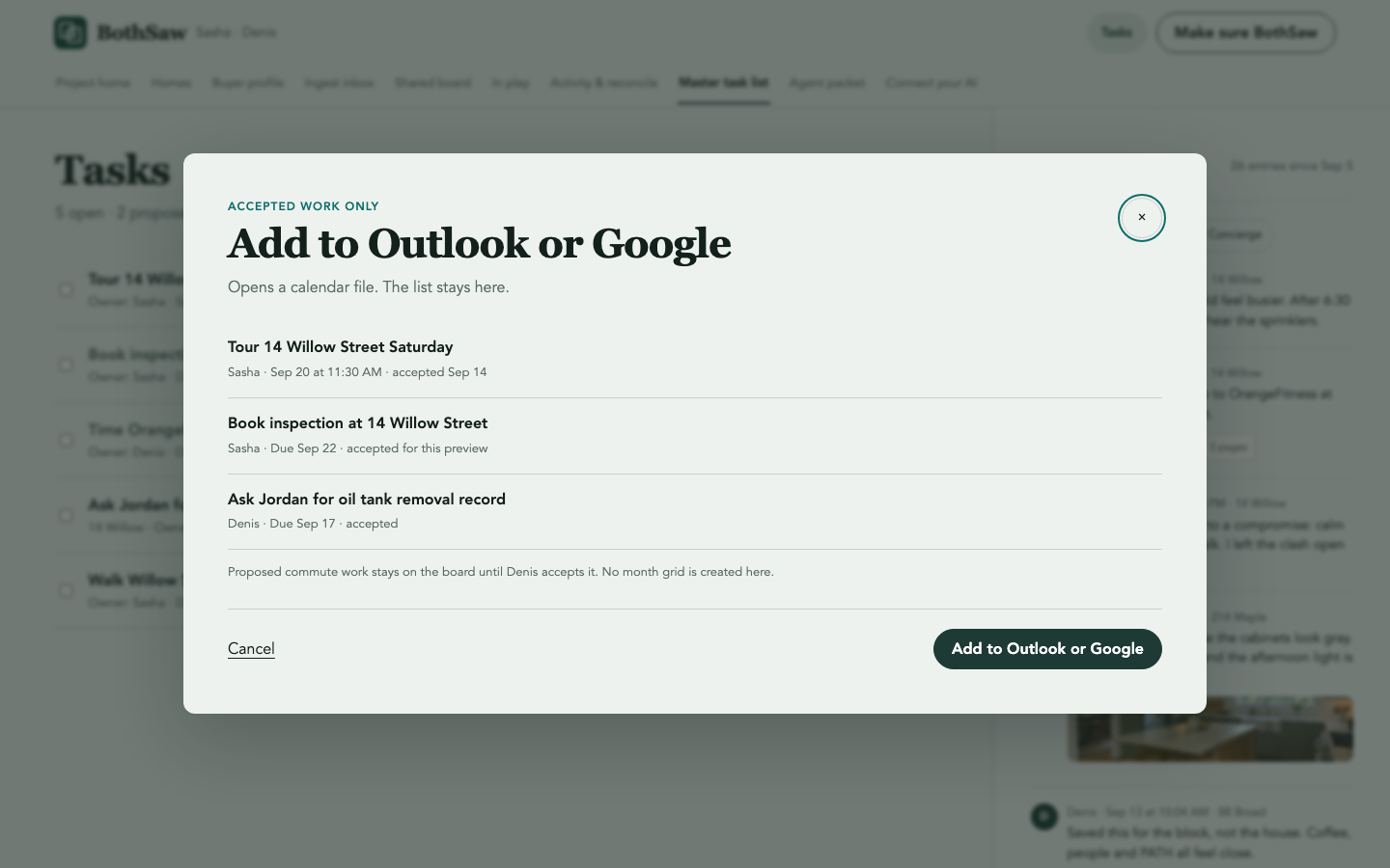 BothSaw calendar export preview containing accepted tasks only