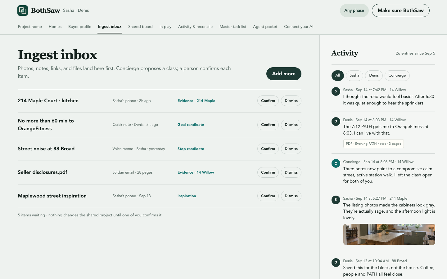 BothSaw ingest inbox with individually reviewed photos, notes, and PDFs