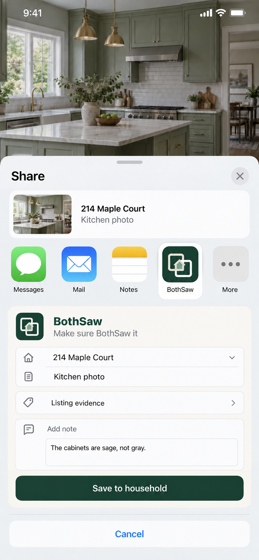 BothSaw iOS share extension previewing a listing destination