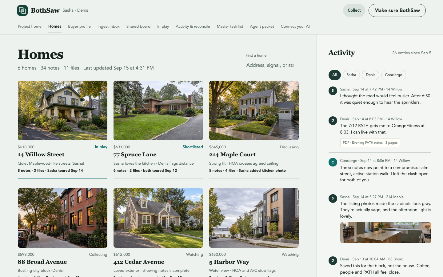 BothSaw searchable collection of six homes with attributed activity