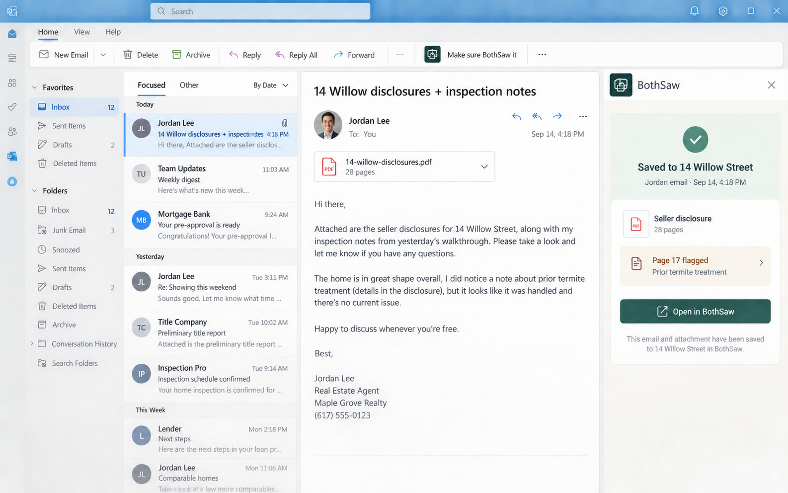 BothSaw Outlook add-in saving an agent email and disclosure PDF