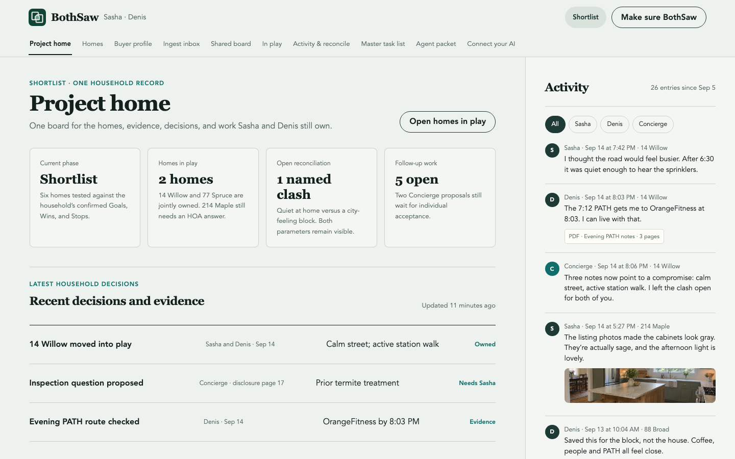 BothSaw project home overview with household decisions and open work