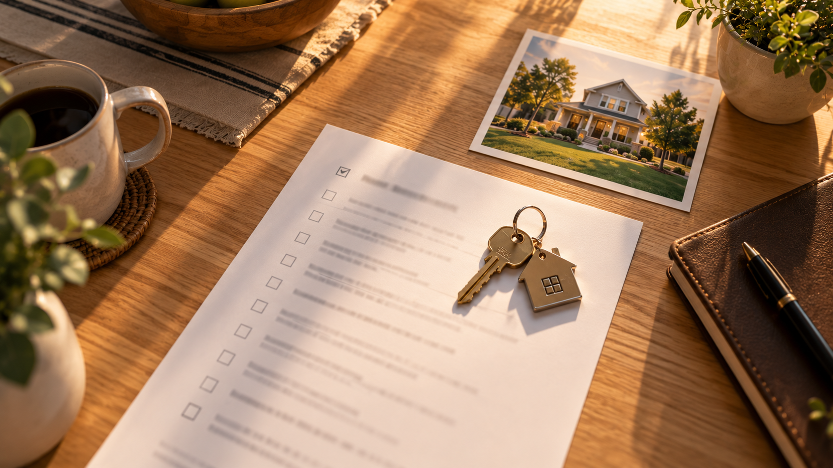 Viewing questions prepared beside the home, documents, and keys for the tour