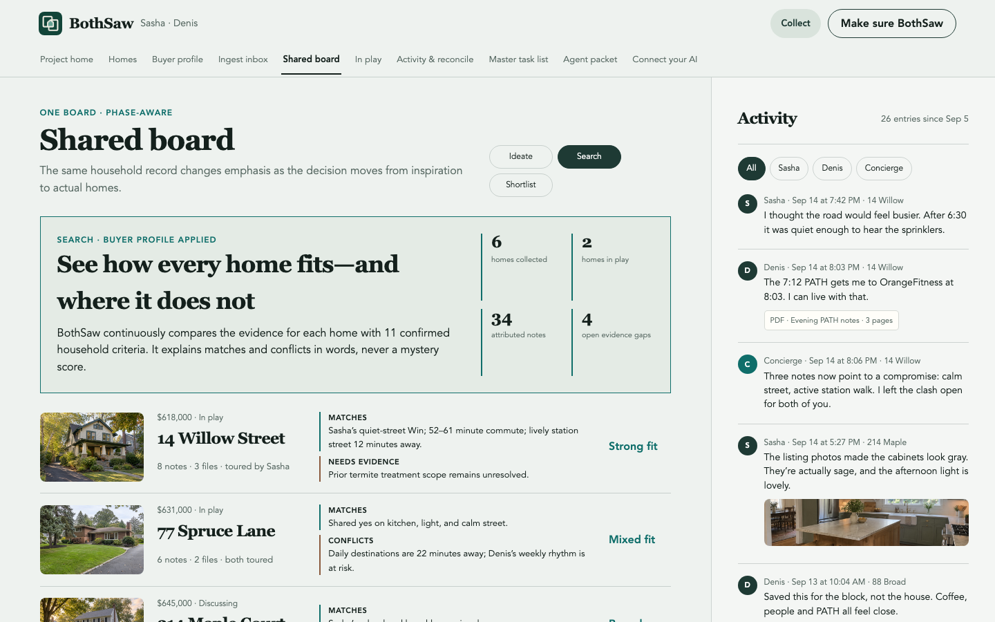 BothSaw Search board comparing homes with the maintained Buyer Profile